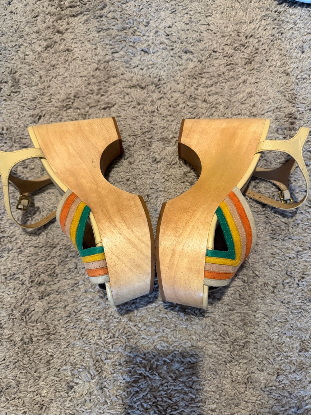Charlotte Stone Yellow Platform Sandals with Green and Orange Stripes